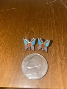 Turquoise, Coral & MOP Inlay Sterling Silver BUTTERFLY Stud Earrings Zuni - Picture 1 of 2