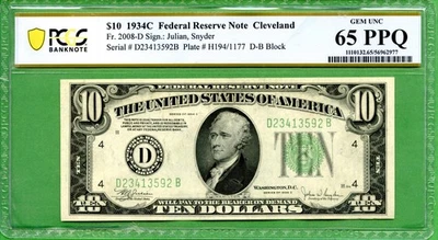 1934C  $10 Federal Reserve Note Cleveland FR-2008D PCGS UNC 65PPQ  JULIAN SNYDER - Image 1 of 2