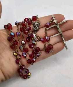 Vintage roter Glas Kristall Aurora Borealis Perlen Rosenkranz Italien Christentum - Bild 1 von 6