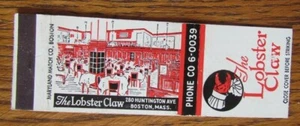 BOSTON, MASSACHUSETTS MATCHBOOK COVER: LOBSTER CLAW EMPTY MATCHCOVER -D - Picture 1 of 3