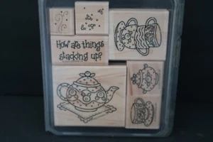 Stampin' Up! TEACUPS Wood Mounted Rubber Stamp Set Tea 2000 Teapot Cups Cottage - Picture 1 of 3