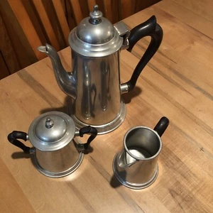 Coffee Tea Set Stieff Pewter ATC P1-21 Three Piece Wood Handles - Picture 1 of 10