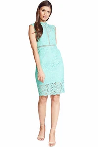 🤍 BARDOT Mint Teal Sheer Lace Panel High Neck Empire Waist Dress 10 US L UK14 - Picture 1 of 4