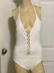 Express Swimsuit One Piece Wireless Lattice Strappy Front Halter Neck White S - Picture 1 of 3