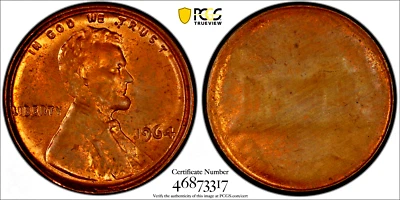 1964 STRUCK THROUGH SPLIT PLANCHET/CAPPED DIE ERROR LINCOLN CENT PCGS MS-63 RB! - Image 1 of 4