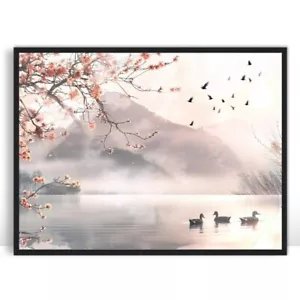 Moonow7 Serene Landscape Wall Art Poster, Cherry Blossoms, Ducks, Unframed - Picture 1 of 15