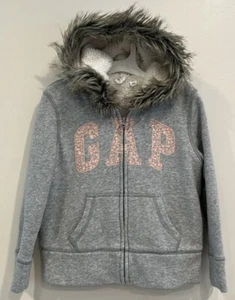 Girls Gap Kids Grey Pink Lettering Zip Up Hoodie Small With Fuzzy Inside 6-7 Yrs - Picture 1 of 7