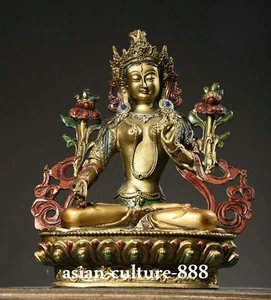 Tibet Buddhism Bronze Painted 7 eyes White Tara Buddha Goddess Guanyin Statue - Picture 1 of 9