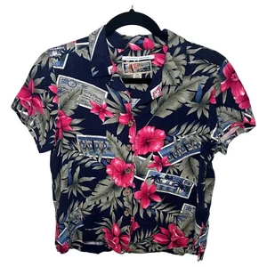 La Cabana Short Sleeve Button Up Tropical Hawaiian Shirt Navy Green Pink Size PM - Picture 1 of 3