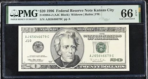 1996 $20 Federal Reserve Note Fr-2084-J Kansas City PMG66 Gem EPQ - Picture 1 of 2