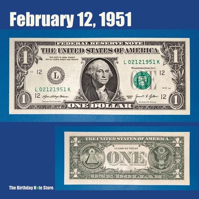 February 12, 1951 Birthday Anniversary $1 One Dollar Bill Serial Number 02121951 - Image 1 of 2