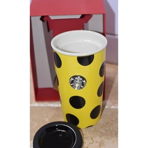 2015 Starbucks Sirene gelb mit schwarzen Tupfen Keramik Reise Tasse/Becher 12oz Neu mit Etikett - Bild 1 von 7