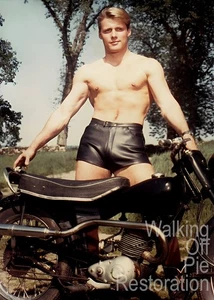 1960s Beefcake model in leather shorts with motorcycle 4x6 reprint  - Picture 1 of 2