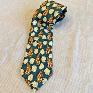 Lands End Neck Tie 100% Imported Silk Floral Green Gold Green Beige Fall Leaves - Picture 1 of 5