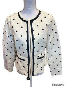 Talbots Blazer Jacket Women Sz 8P White Navy Polka Dot Cotton Textured Open Frt - Picture 1 of 4
