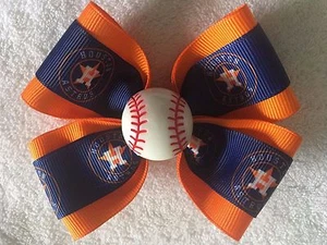Girls Hair Bow 4" Wide Houston Astros Blue Orange Flatback Alligator Clip - Picture 1 of 2