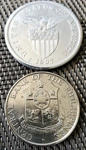 1907-s One Peso US-FILIPINAS Coin & 1964 50cents Central Bank Of The Philippines - Picture 1 of 4