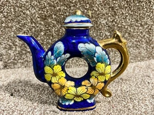 VINTAGE HAND PAINTED BLUE GOLD FLORAL PORCELAIN CIRCLE SHAPED TEAPOT - Picture 1 of 10