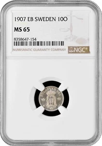 Sweden 10 ore 1907 EB, NGC MS65, "King Oscar II (1873 - 1907)" silver coin - Picture 1 of 2