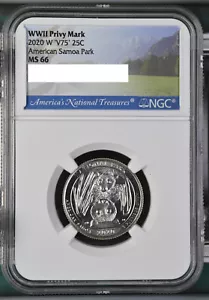 2020 W American Samoa Park Quarter 25c NGC MS 66 Privy Mark V75 Bat Coin - Picture 1 of 2