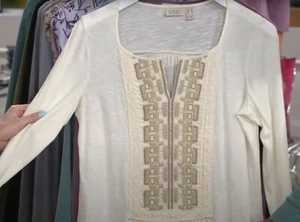 NWT LOGO by Lori Goldstein Cotton Slub Top w/ Crochet & Embroidery Eggshell XL - Picture 1 of 4