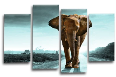 Large Elephant Wall Art Print Blue Brown Grey Sunset Framed Canvas Split Picture - Image 1 of 4