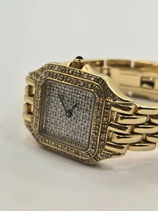 14Kt Gold Italian Cartier Panthere Style .60tcw Diamond Dial & Bezel Watch 45.6g - Picture 1 of 5