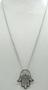 Hamsa Hand of Fatima 925 Sterling Silver Diamond Accent Pendant Necklace 18" - Picture 1 of 6
