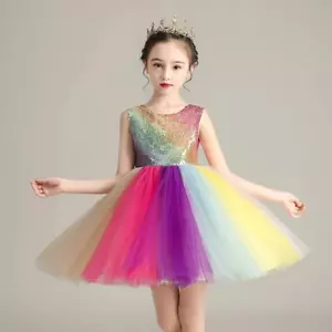 Kids Sleeveless Rainbow Girls Dresses Princess Birthday Party Wedding - Picture 1 of 7