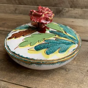 Vtg Italian Ceramic Vanity Box Trinket Dish 7” Hand Painted Flower Finial - Picture 1 of 14