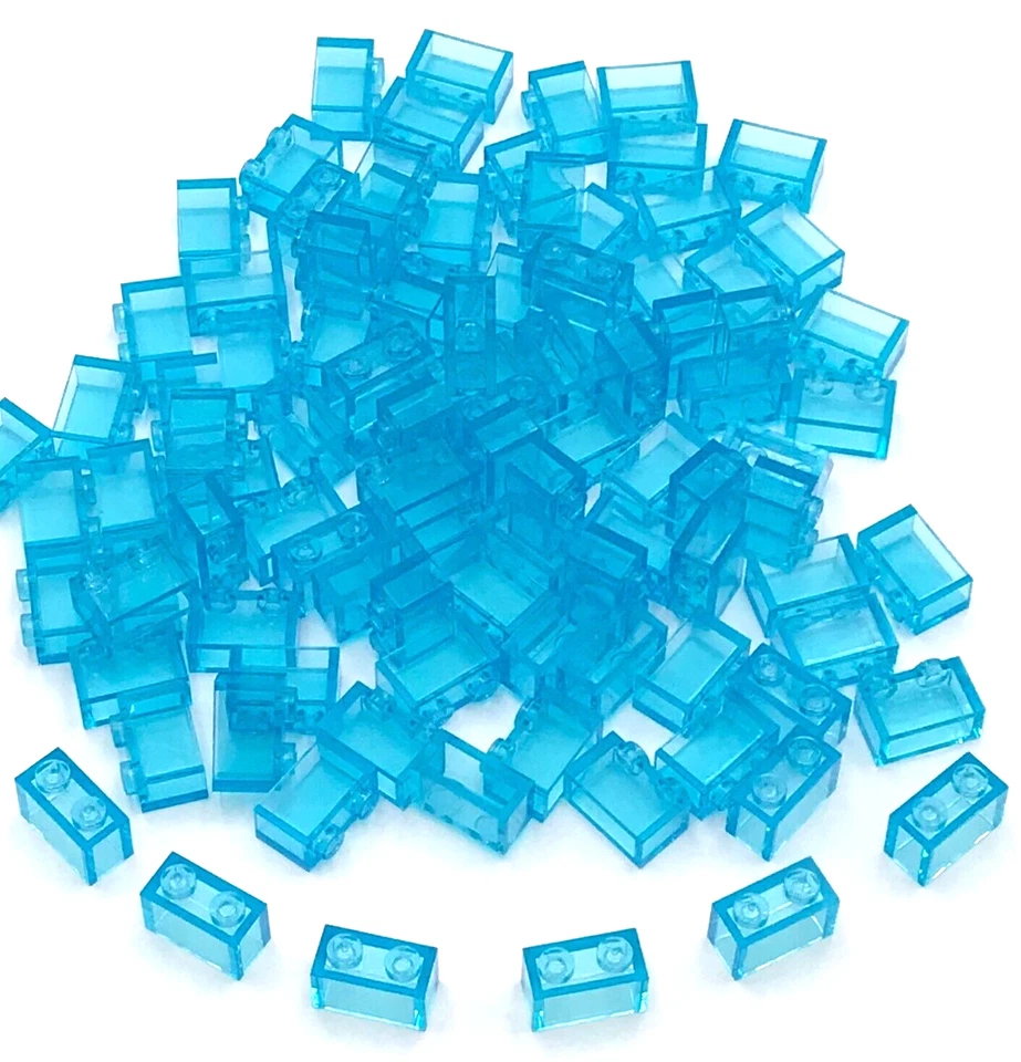 Lego 100 New Trans-Light Blue Bricks 1 x 2 without Bottom Tube Parts - Image 1 of 1