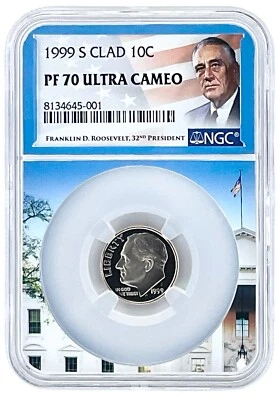 Moneda de diez centavos Roosevelt 1999 revestida S NGC PF70 ultra camafeo - núcleo de imagen de la Casa Blanca Foto 1 de 2