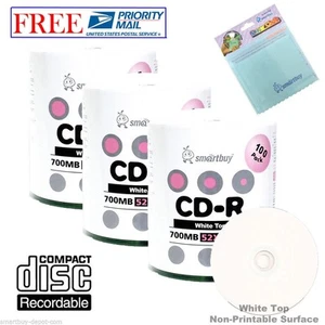 Paquete de 300 Smartbuy 52X CD-R 700 MB Disco de Grabación Superior Blanco + Paño de Microfibra GRATUITO - Imagen 1 de 5