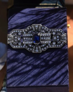 Art Deco Silber Brosche Rechteck Strass Blau Vintage Stil QD11 - Bild 1 von 6