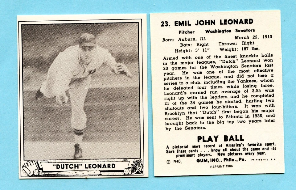 1940 Playball Reprint # 23 Dutch Leonard -- Washington Senators  Box 129 - Image 1 of 1