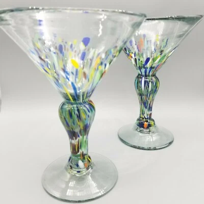 Handmade Mexican Hand Blown Multi Colored Confetti Martini Glasses - Image 1 of 4