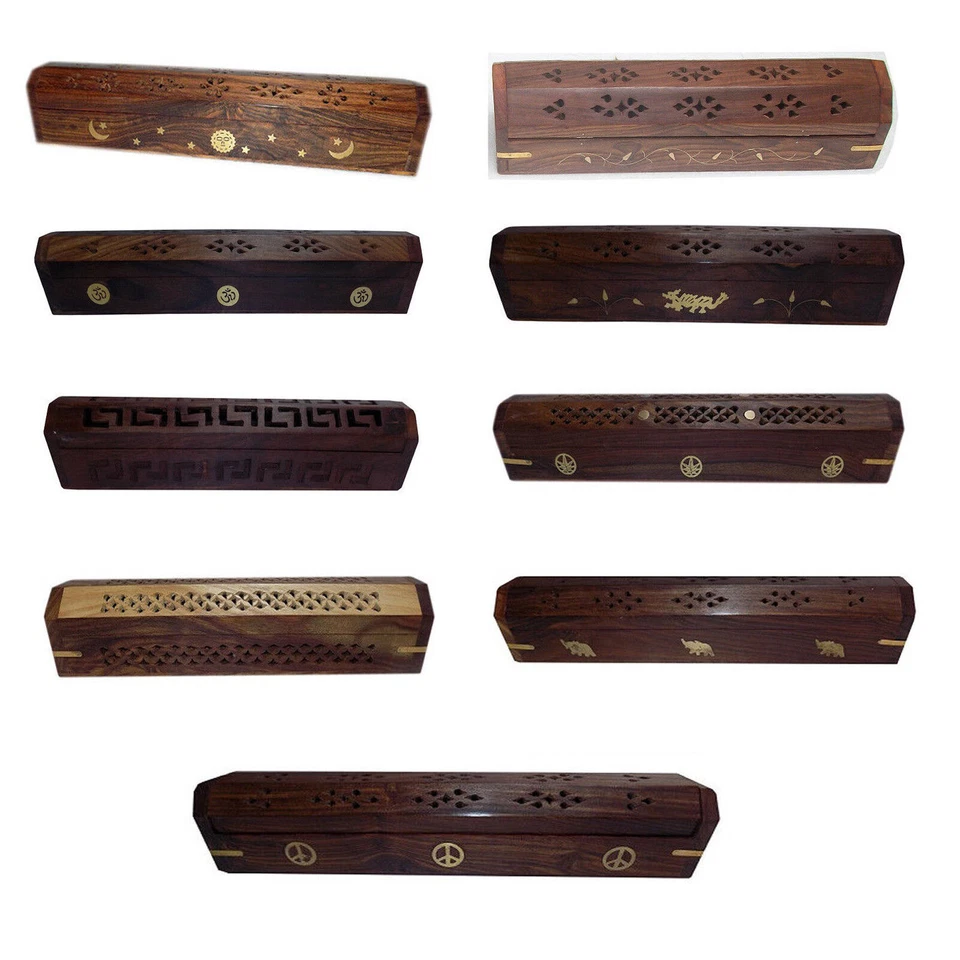 Quemador de incienso ataúd tallado en madera soporte de cono caja 12" incrustación de latón tallado a mano Foto 1 de 1