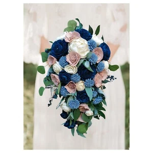 Mauve Dusty Blue Bridal Bouquet Pink Sola Wood Cascade Artificial Wedding Flower - Picture 1 of 2