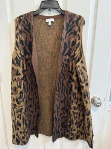 Susan Graver XL Black Brown Animal Print Jacquard Open Sweater Vest 100% Acrylic - Picture 1 of 13