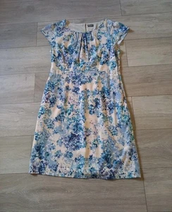 Minuet Petite Cream & Blue Floral Shift Dress Silky Occasion Party Wedding UK16 - Picture 1 of 20