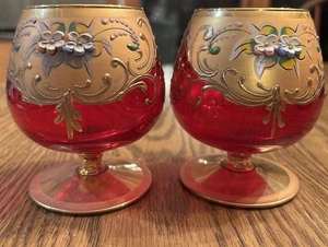 Rubinrot Murano Böhmisch Erhöht Emaille Blütenblatt Glas Schnaps Schnaps - Bild 1 von 6