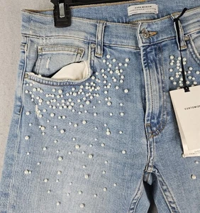 Zara Pearl-Embellished Cropped Jeans | Distressed | 6 | Light Blue Wash | NWT - Picture 1 of 12