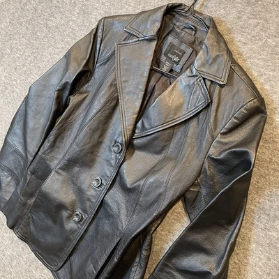 Chaqueta de cuero para mujer East 5th pequeña negra con botones blazer bolsillos abrigo años 90 Foto 1 de 4