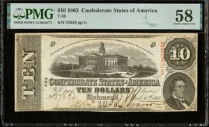 PMG ChAU58 T-59 10 $ 1863 Konföderierte Staaten Bürgerkrieg veraltete Banknote Währung - Bild 1 von 5