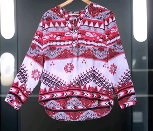 TRIBAL Top Womens Medium Chiffon Aztec Floral Semi Sheer Front Tie Pop Over Top - Picture 1 of 10