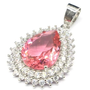 Fancy Drop Shape 16x12mm Pink Morganite White CZ For Daily Wear Silver Pendant - Bild 1 von 2
