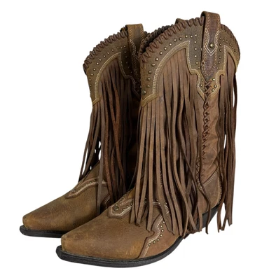 Botas de cowgirl Rockin Country franja ocidental tamanho 9.5 couro marrom RC4900 - Imagem 1 de 4