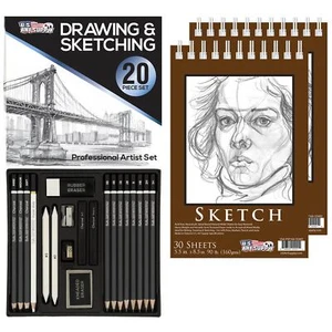 20 Piece Artist Drawing & Sketching Set with Pack of 2 5.5" x 8.5" Sketch Pads - Picture 1 of 5