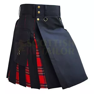 Falda falda escocesa híbrida hecha a mano negra con tartán real para hombre talla personalizada - Imagen 1 de 7
