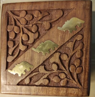 3 Brass Elephant Inlay Decorative Carved Wooden Hinged Box 4" x 4"  - Image 1 of 3